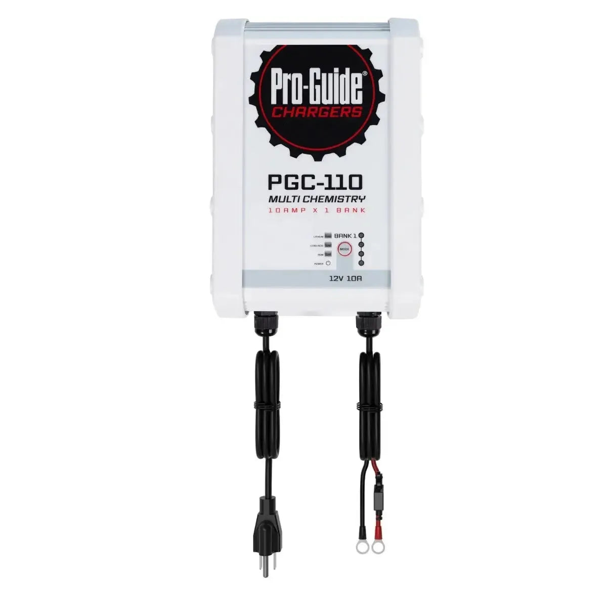 White Pro-Guide PGC-110 multi-chemistry 10 amp x 1 bank battery charger with black cables.