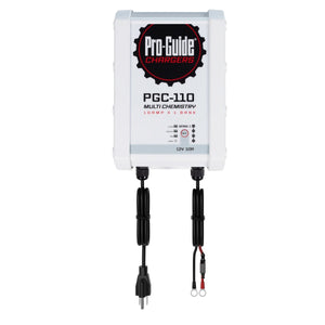 White Pro-Guide PGC-110 multi-chemistry 10 amp x 1 bank battery charger with black cables.