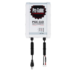 White Pro-Guide PGC-110 multi-chemistry 10 amp x 1 bank battery charger with black cables.