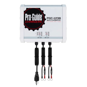 White Pro-Guide PGC-1236 multi-chemistry battery charger with three output cables and power plug.