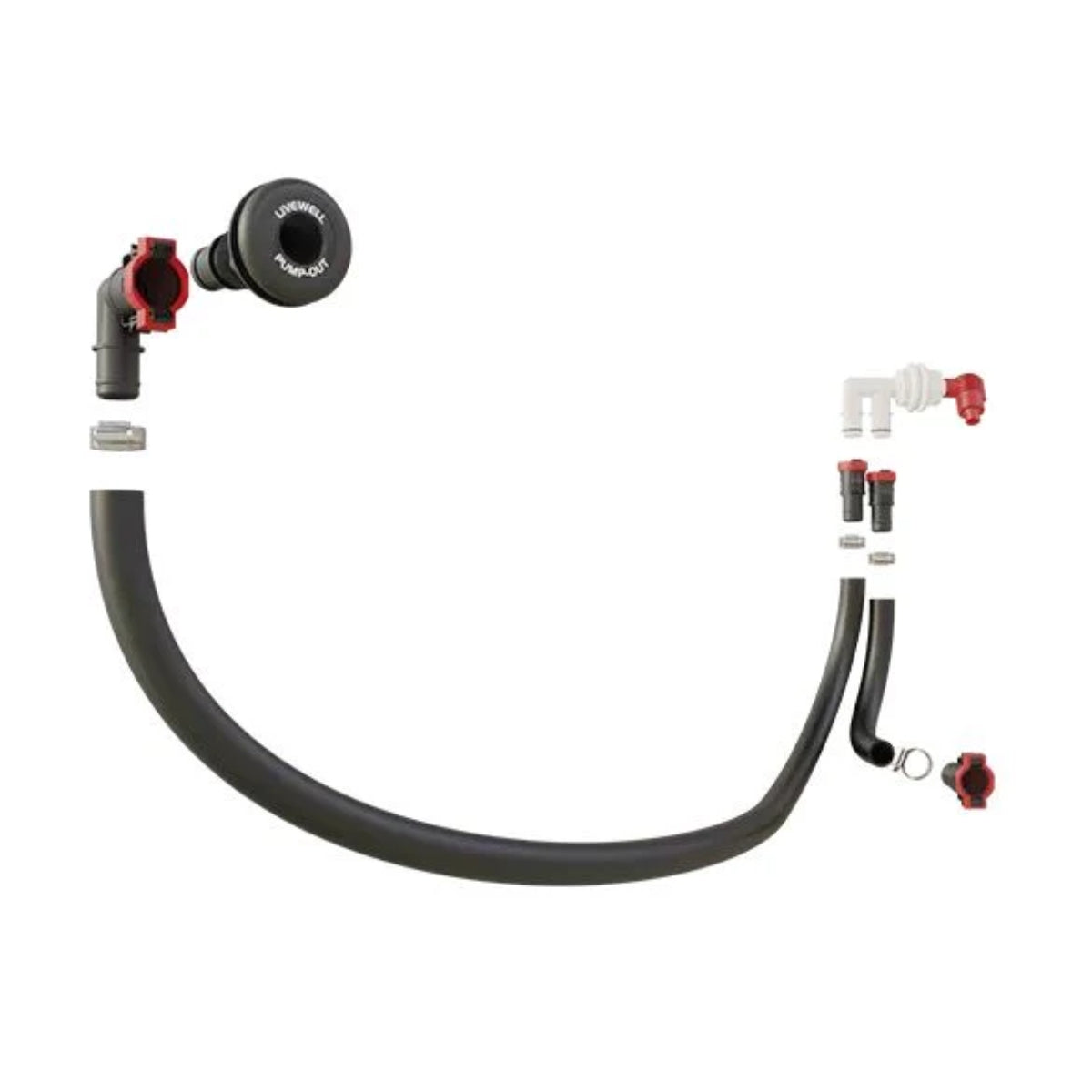 FlowRite Livewell Pump-Out Aerator Kit with black hose, thru-hull, and red Qwik-Lok connectors.