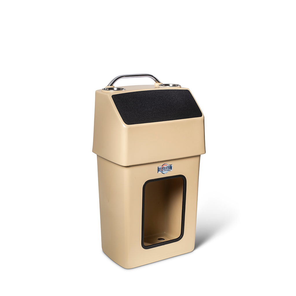Tan RPD 1019 rotationally molded polyethylene center console for Jon boat with grab handle and cup holders.