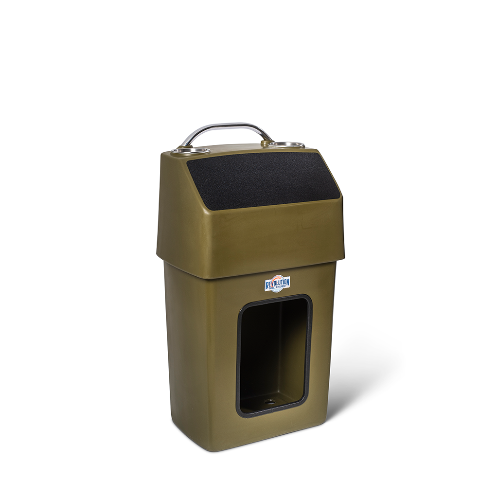 Olive green RPD 1019 center console for Jon boat with stainless steel grab handle and cup holders.