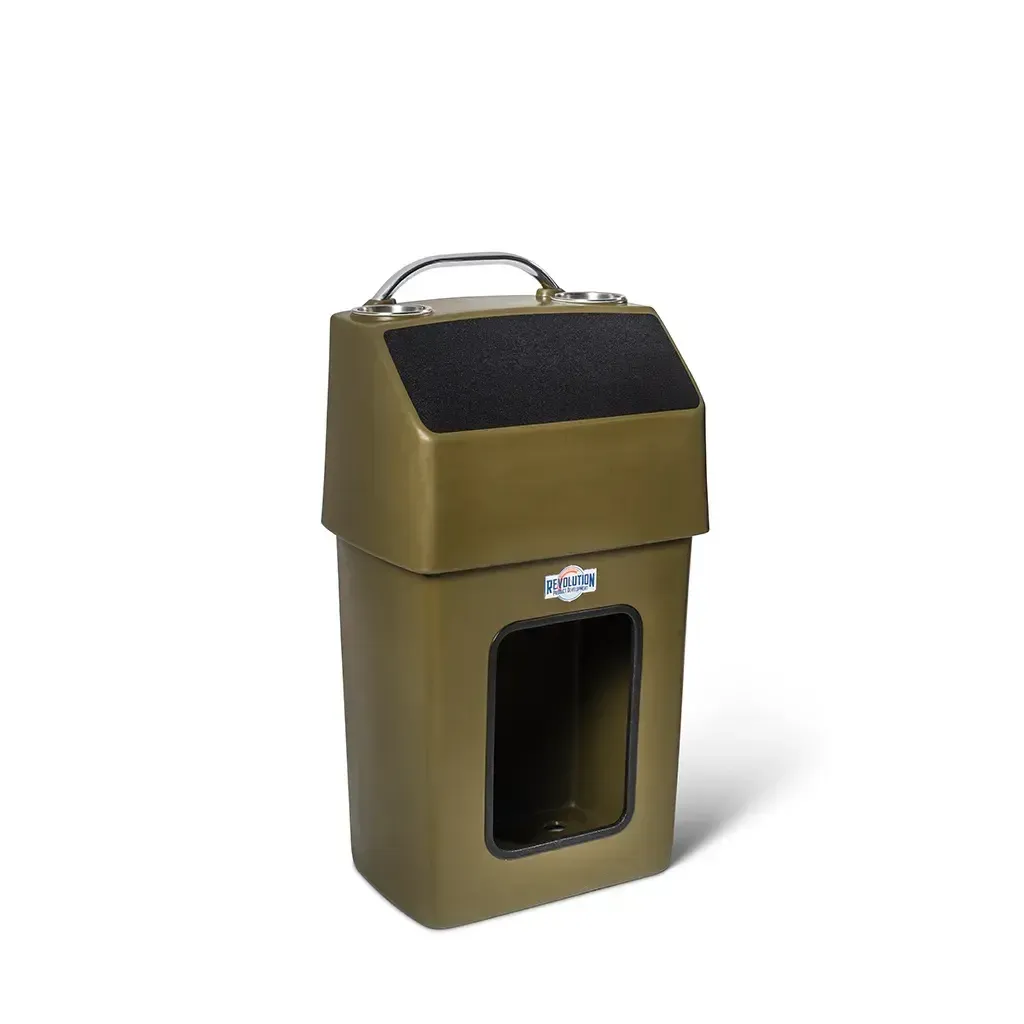Olive green RPD 1019 center console for Jon boat with stainless steel grab handle and cup holders.