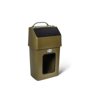 Olive green RPD 1019 center console for Jon boat with stainless steel grab handle and cup holders.