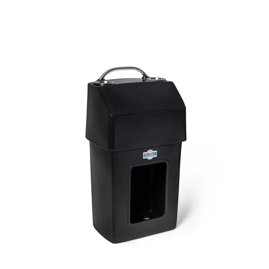 Black RPD 1019 rotationally molded polyethylene center console for Jon boat with stainless steel handle and cup holders.