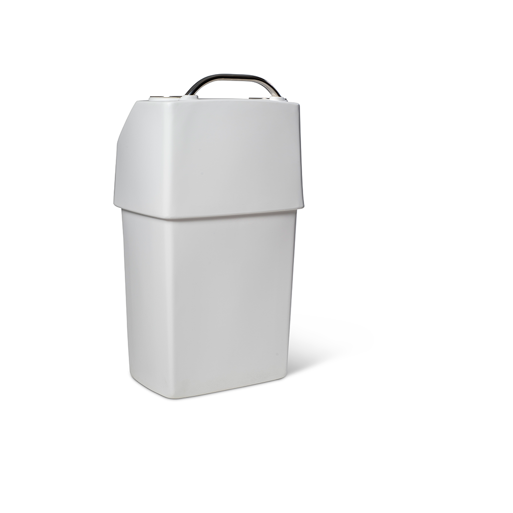 White RPD 1019 center console for Jon boat, made from rotationally molded polyethylene with a stainless steel grab handle.