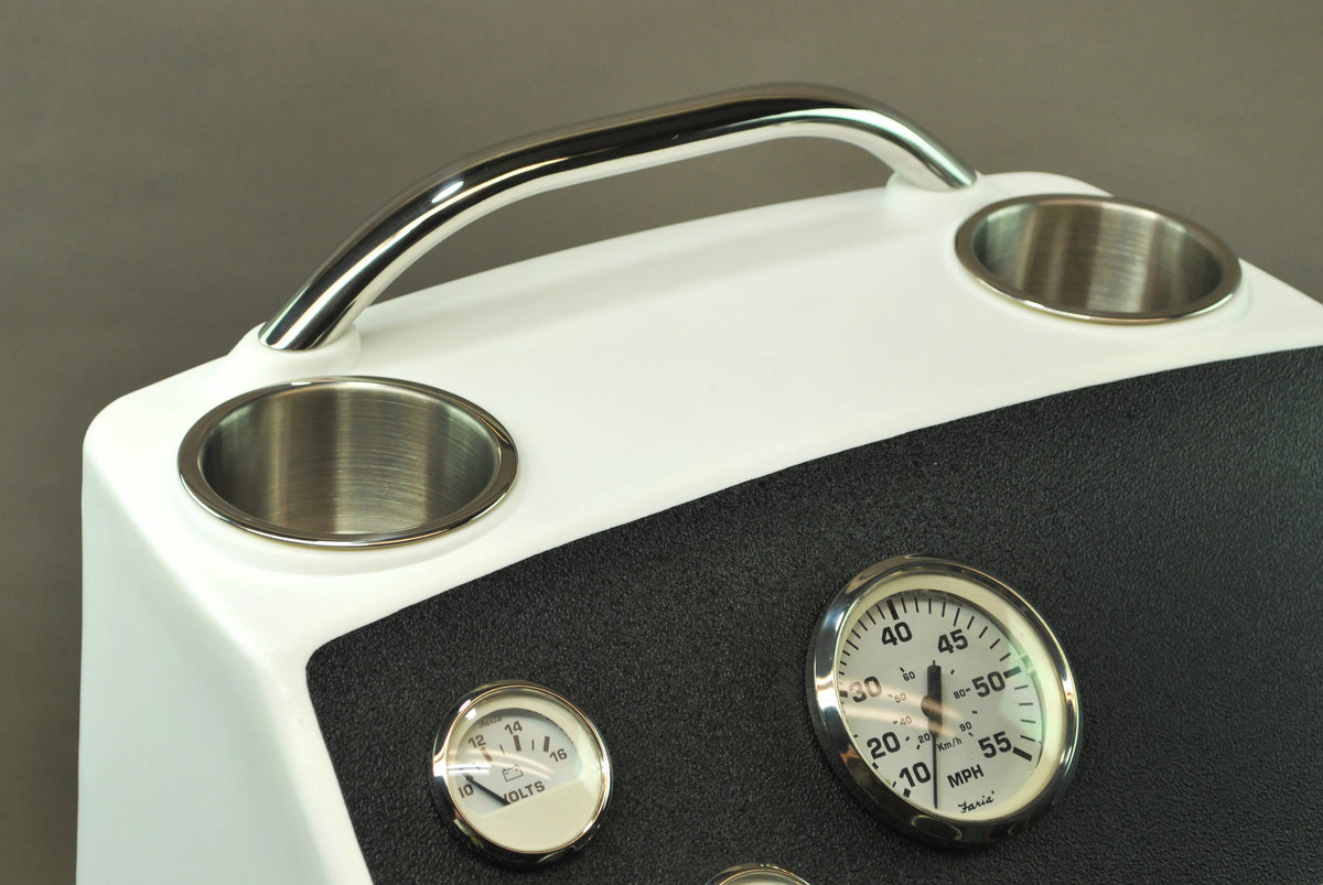 White and black RPD 1019 center console for Jon boat with chrome grab handle, cup holders, and gauges.
