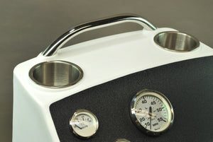 White and black RPD 1019 center console for Jon boat with chrome grab handle, cup holders, and gauges.