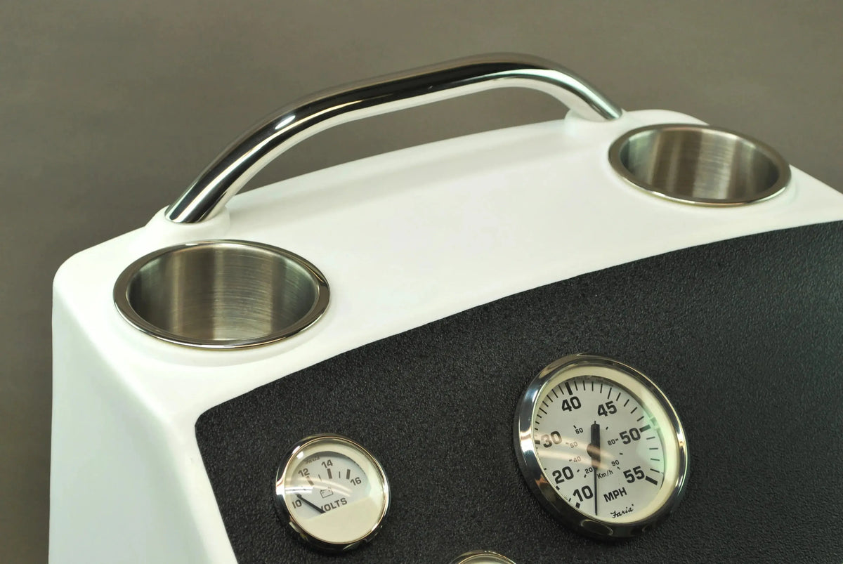 White and black RPD 1019 center console for Jon boat with chrome grab handle, cup holders, and gauges.