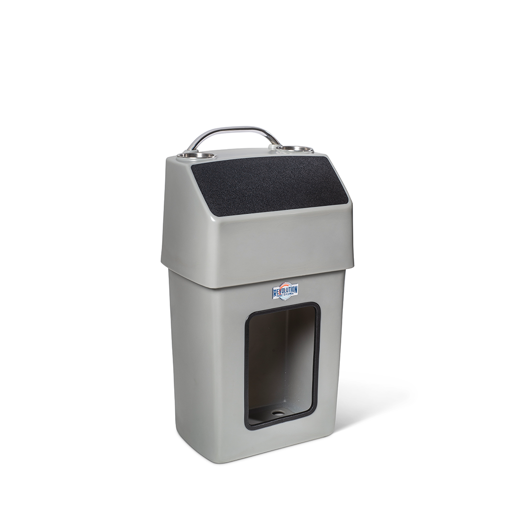 Gray RPD 1019 rotationally molded polyethylene center console with stainless steel grab handle and cup holders.