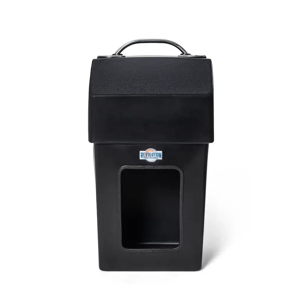 Black RPD 1019 rotationally molded polyethylene center console for Jon boats, with a stainless steel grab handle.