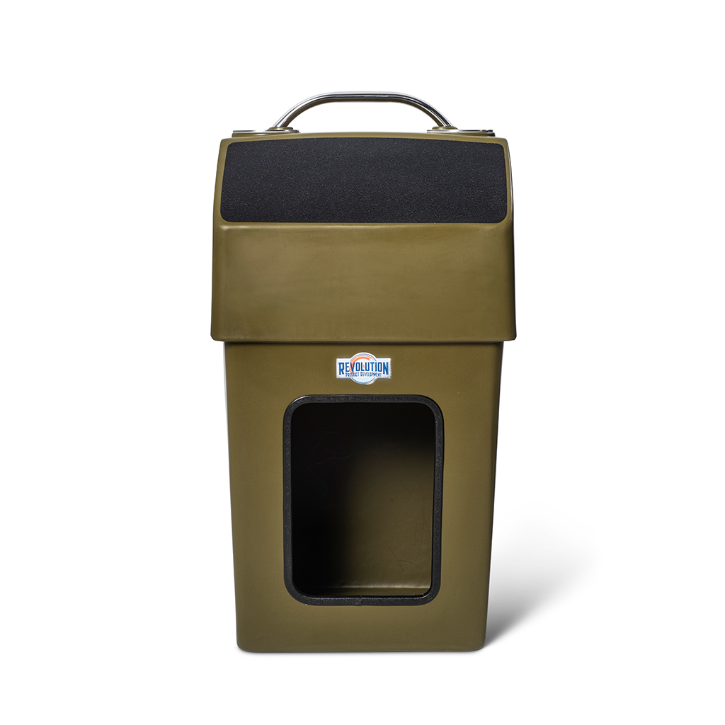 Olive green RPD 1019 center console for Jon boat, with stainless steel handle and black non-slip top.