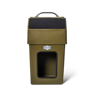 Olive green RPD 1019 center console for Jon boat, with stainless steel handle and black non-slip top.