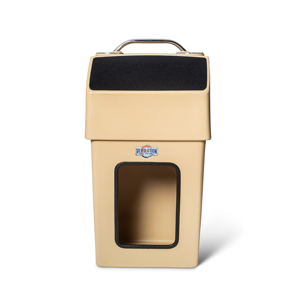 Tan RPD 1019 rotationally molded polyethylene center console for Jon boats with a stainless steel handle.