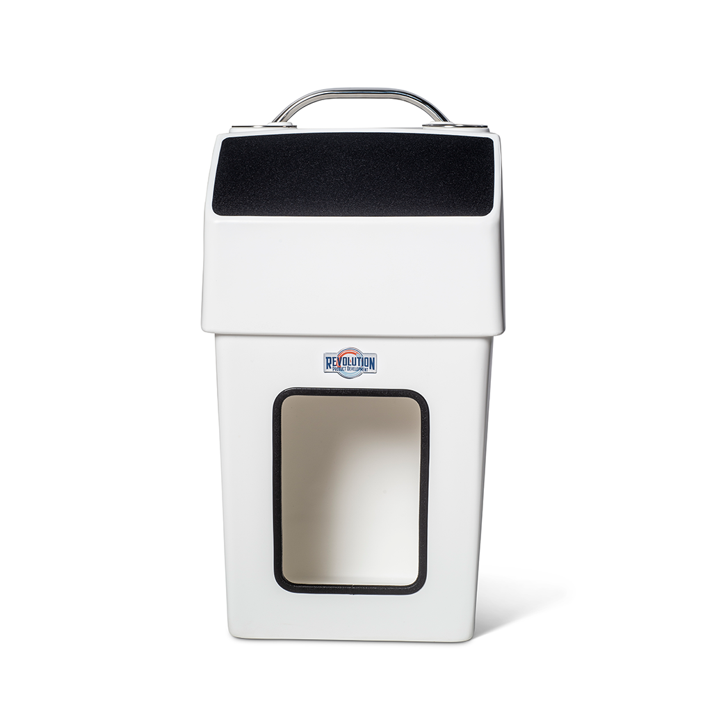 White RPD 1019 center console for Jon boat, made of rotationally molded polyethylene, with a stainless steel grab handle and black top.