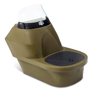 Olive green RPD 1219 Jon boat console with clear windshield and black cooler lid.