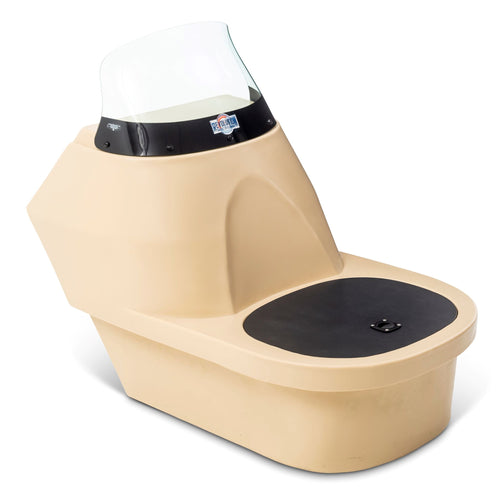 Tan RPD 1219 polyethylene console for Jon boats with a clear windshield and black cooler lid.