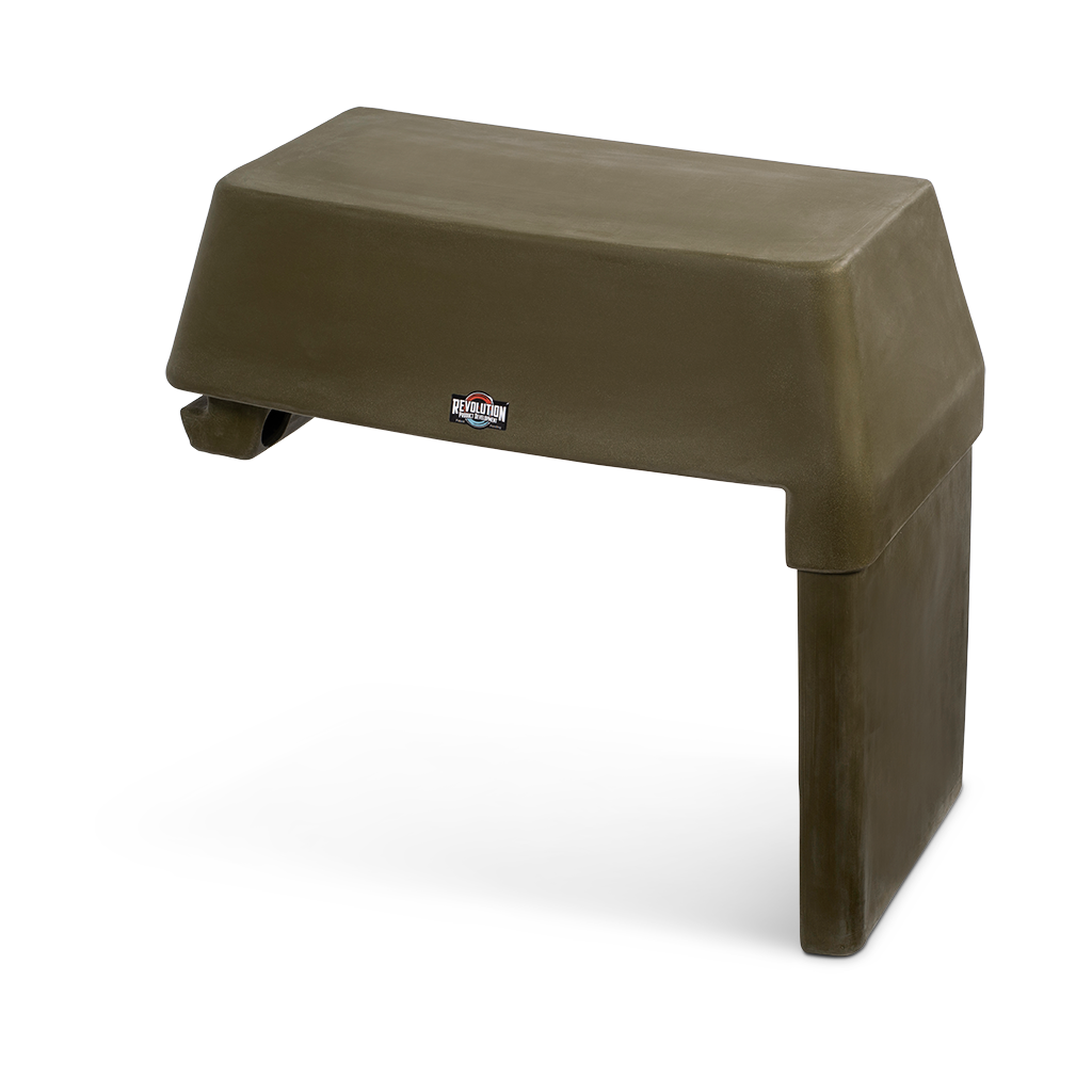 RPD 1422 Side Console Kit for Jon boat, a durable olive green, low-profile console with Revolution logo.