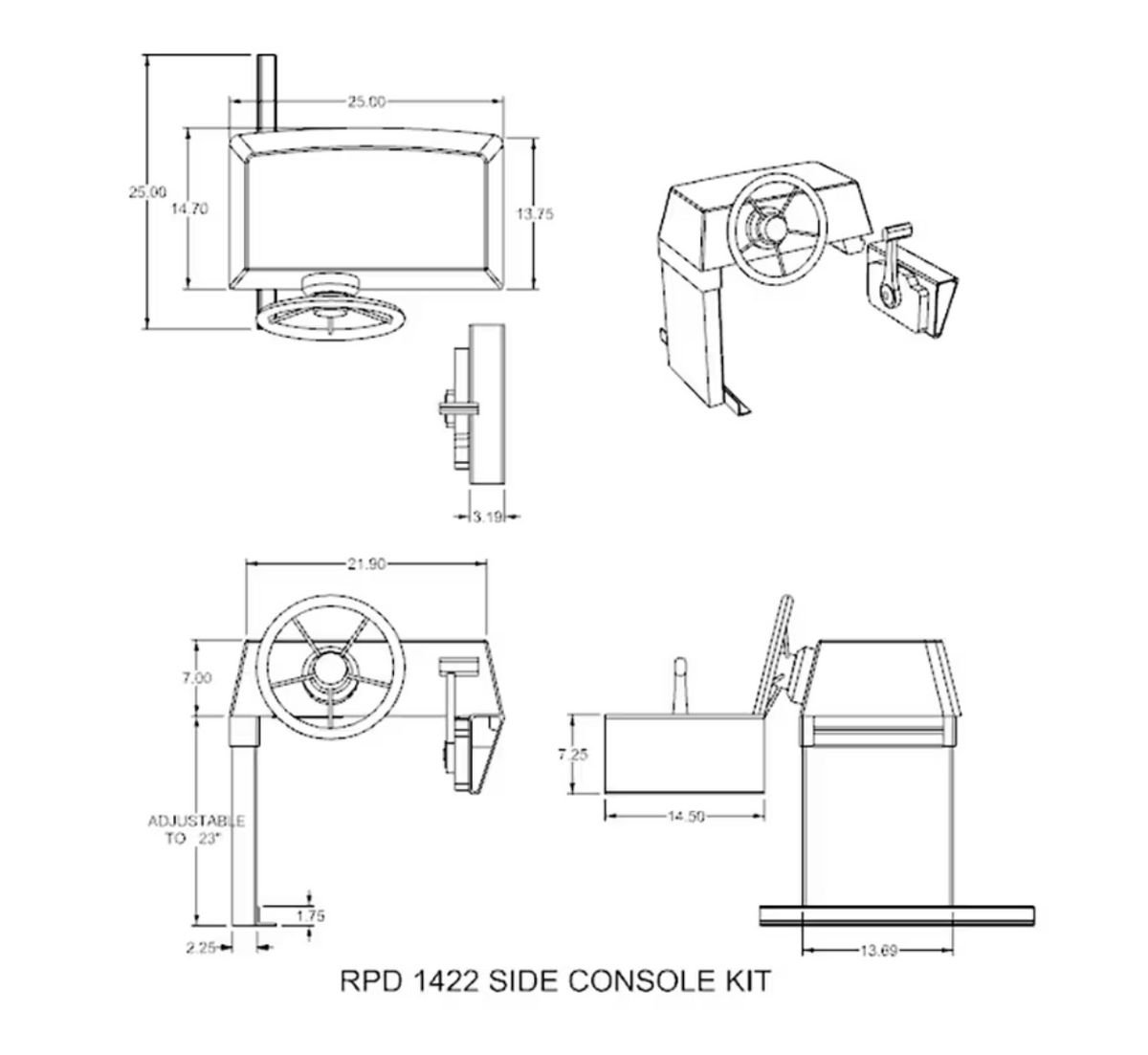 RPD 1422 Side Console Kit blueprint for Jon boats, showing dimensions, steering wheel, and throttle.