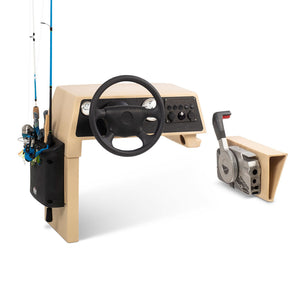 Tan RPD 1422 Jon boat side console kit with black steering wheel, gauges, and rod holders.