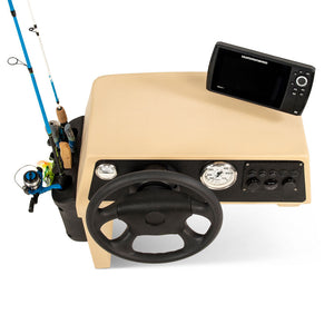 Tan RPD 1422 side console kit for Jon boats with black steering wheel, gauges, and fish finder.