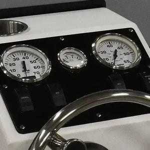 White RPD 1719 console for Jon boat with black dash, chrome gauges, and steering wheel.