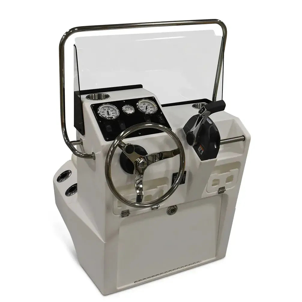 White RPD 1719 console for Jon boat with clear windshield, chrome grab rail, steering wheel, and gauges.
