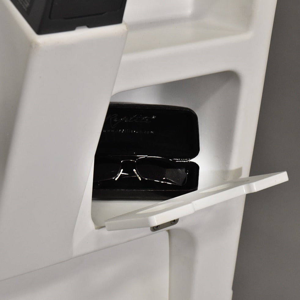 White RPD 1719 console for Jon boat with open storage hatch revealing a black glasses case.