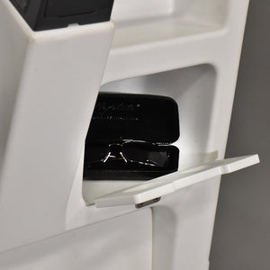 White RPD 1719 console for Jon boat with open storage hatch revealing a black glasses case.