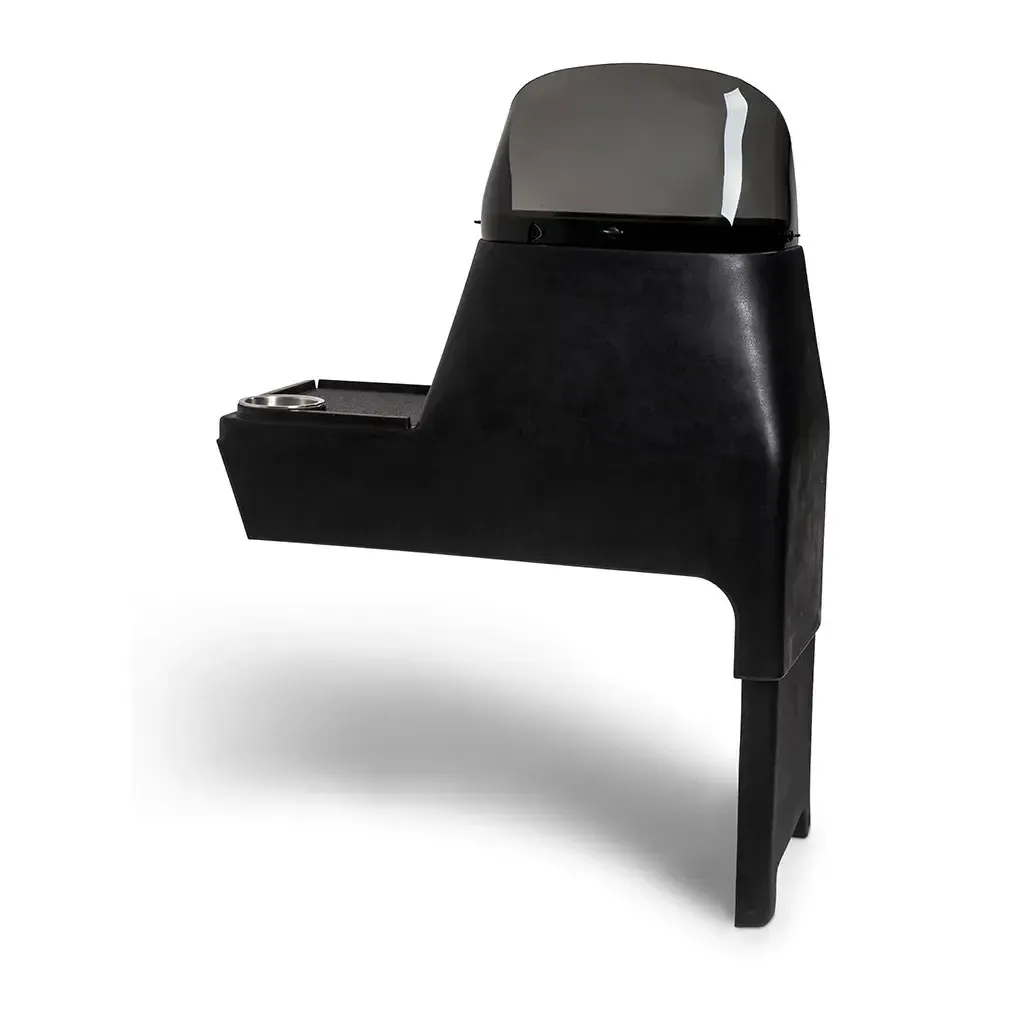 Black RPD 1822 side console kit for Jon boat, featuring a dark windshield, cup holders, and textured poly material.
