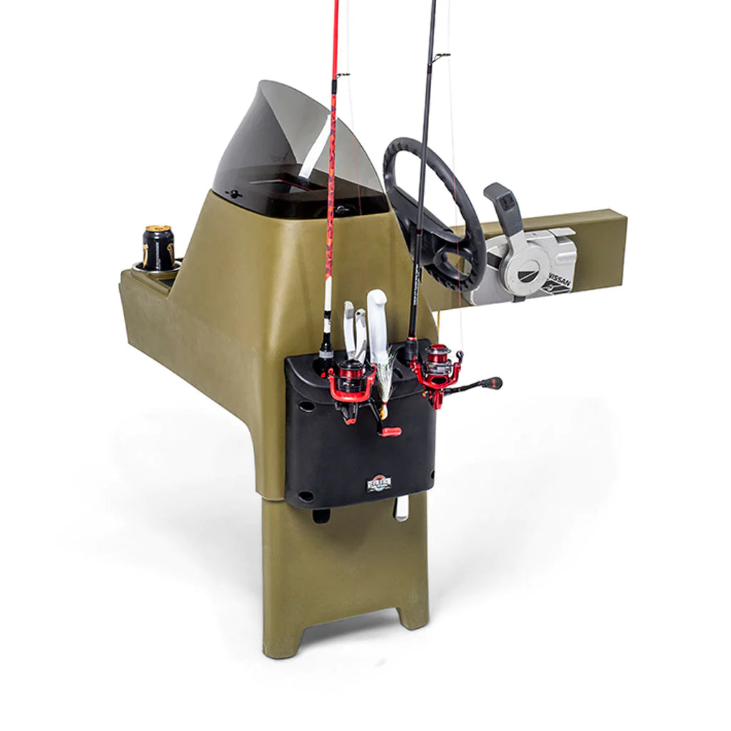 Olive green RPD 1822 side console kit for Jon boat with windshield, steering wheel, and fishing rod holders.