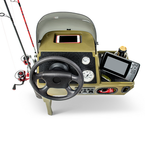 Olive green RPD 1822 side console kit for Jon boat with steering wheel, gauges, phone pocket, and fishing gear.