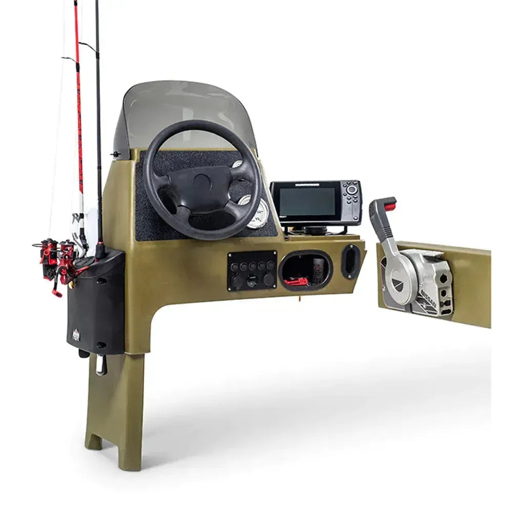 Olive green RPD 1822 side console kit for Jon boat with steering wheel, fish finder, and side mount control.
