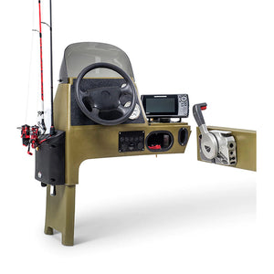 Olive green RPD 1822 side console kit for Jon boat with steering wheel, fish finder, and side mount control.