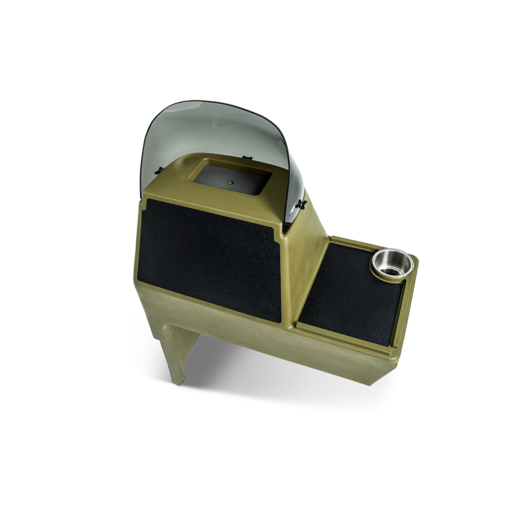 Olive green RPD 1822 side console kit for Jon boat with dark windshield, black textured panels, and cup holder.
