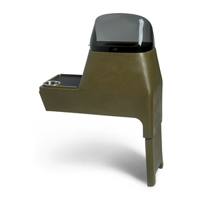Olive green RPD 1822 side console kit for Jon boat with dark windshield, cup holder, and storage.