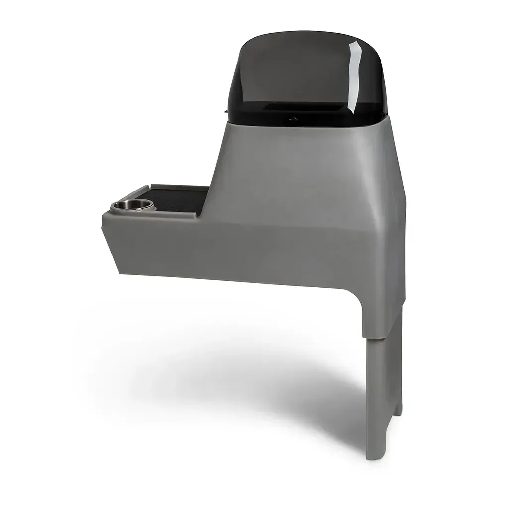 Gray RPD 1822 side console kit for Jon boat with dark windshield, cup holder, and storage.