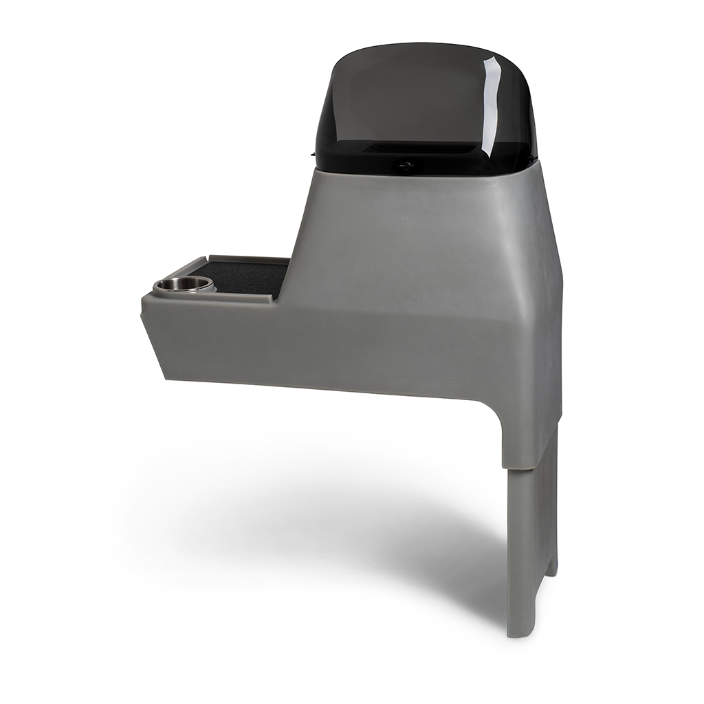 Gray RPD 1822 side console kit for Jon boat with windshield, cup holder, and black textured surface.