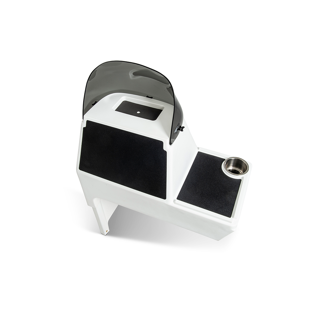 White RPD 1822 poly side console kit for Jon boat with windshield, cup holder, and black non-slip pads.