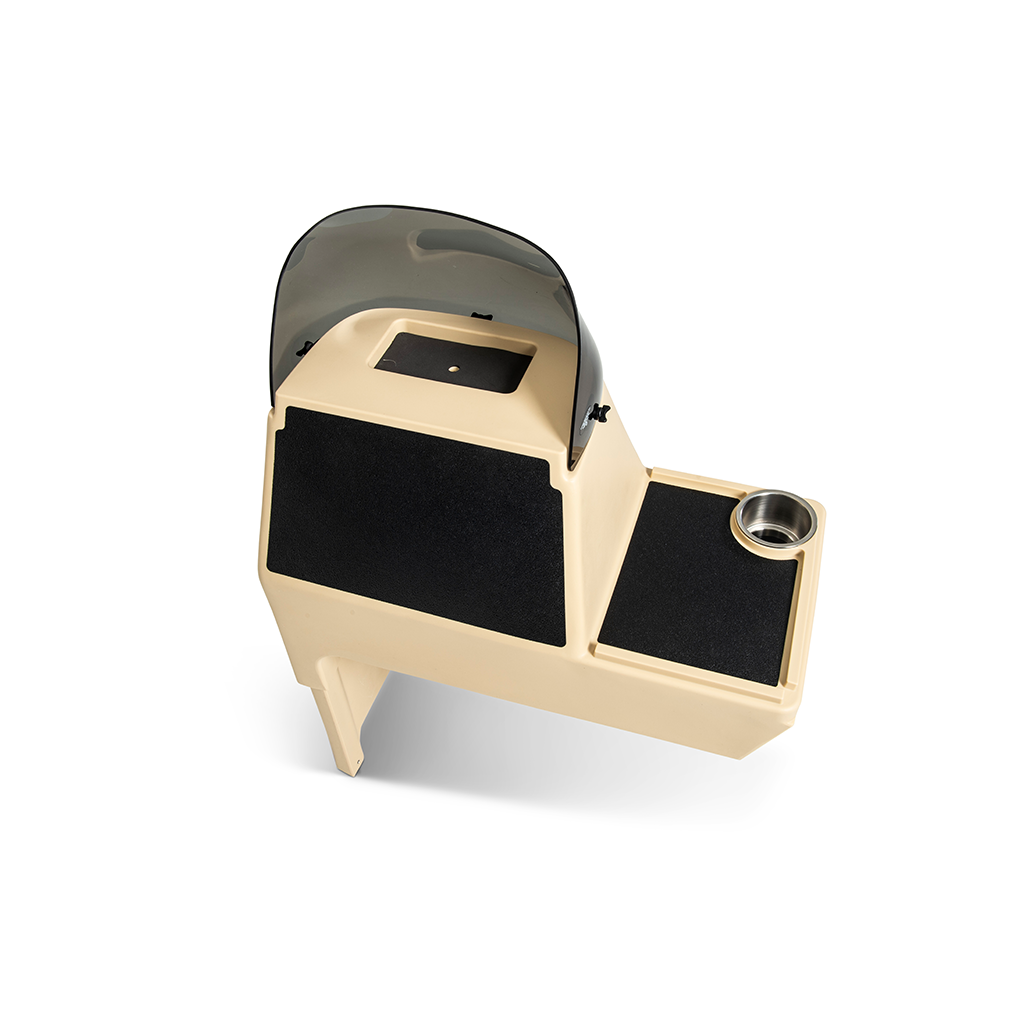 RPD 1822 tan poly side console kit for Jon boat with dark windshield, cup holder, and black grip pads.
