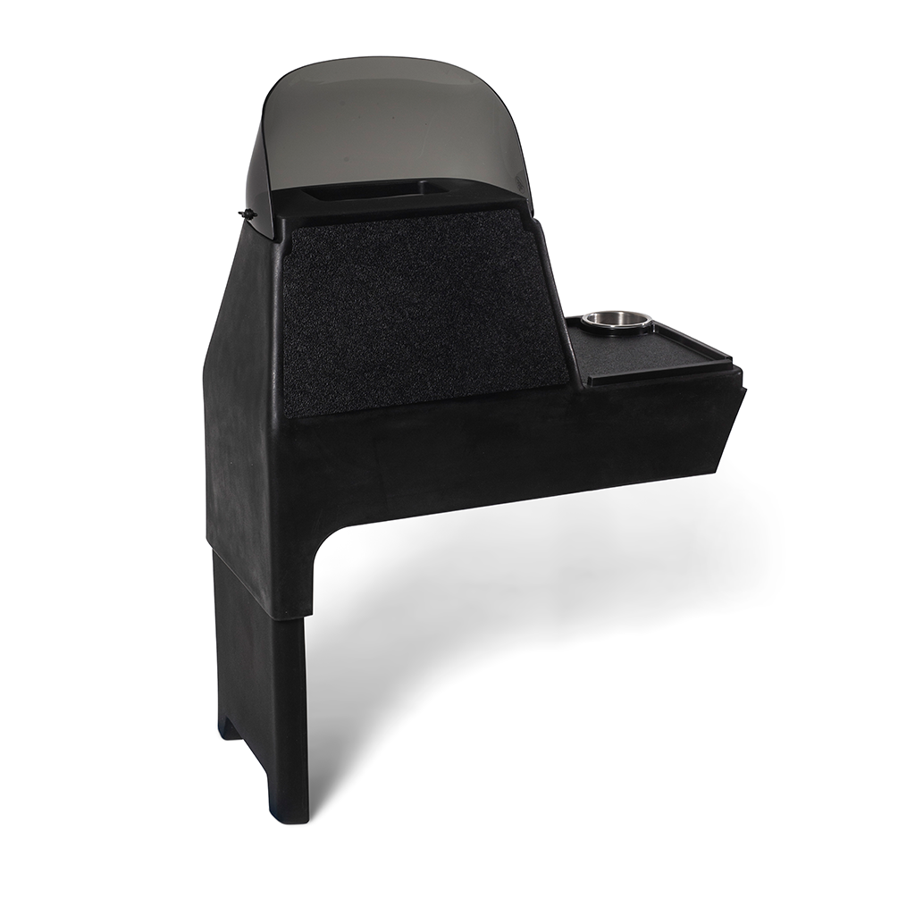 Black RPD 1822 side console kit for Jon boat with dark windshield, cup holder, and textured storage.
