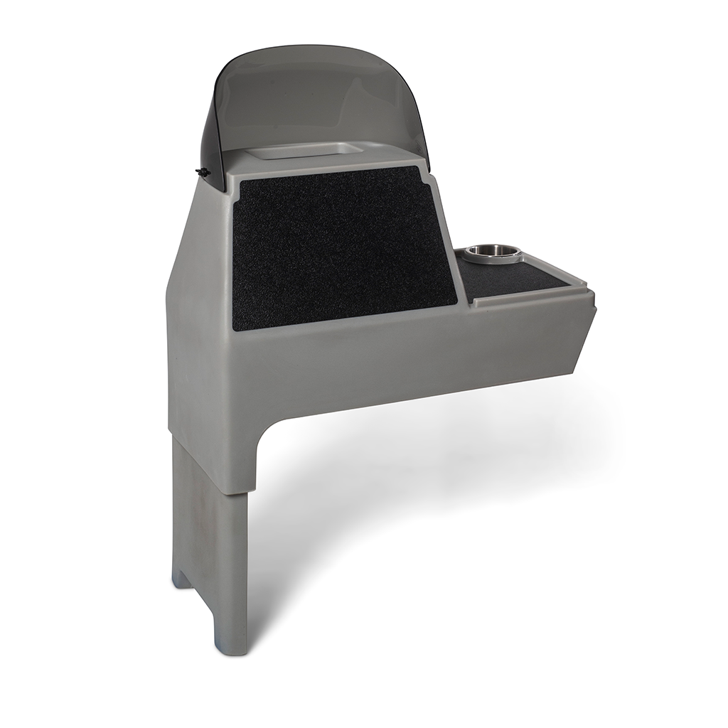 Gray RPD 1822 side console kit for Jon boat with windshield, cup holder, and black textured surface.