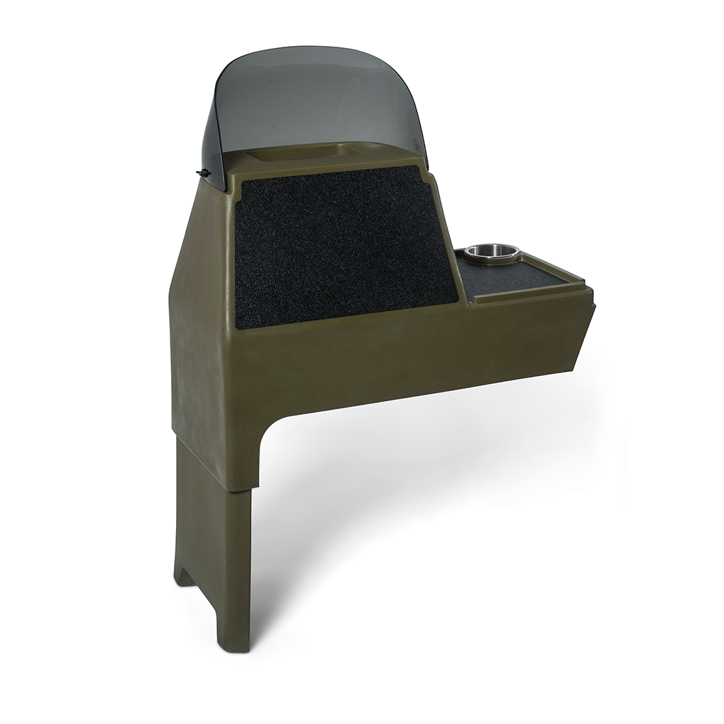 Olive green RPD 1822 side console kit for Jon boat with dark windshield, textured grip, and cup holder.