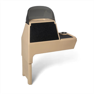 Tan RPD 1822 side console kit for Jon boat with black non-slip pads, windshield, and cup holder.