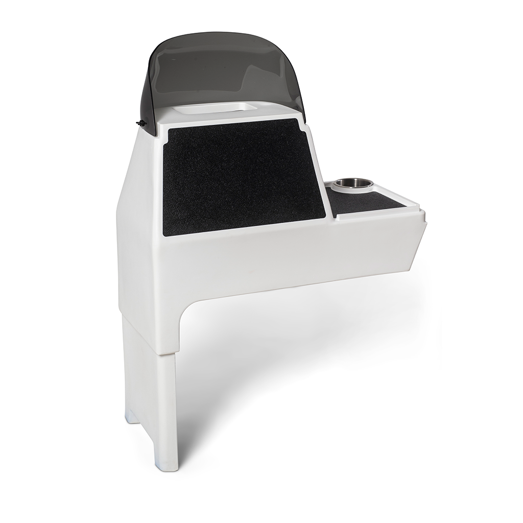 White RPD 1822 side console kit for Jon boat with dark windshield, black textured pads, and cup holder.