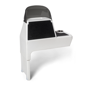 White RPD 1822 side console kit for Jon boat with dark windshield, black textured pads, and cup holder.