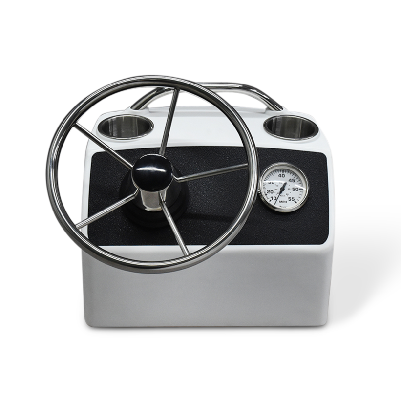 White RPD 519 console for Jon boat with chrome steering wheel, two cup holders, and speedometer.