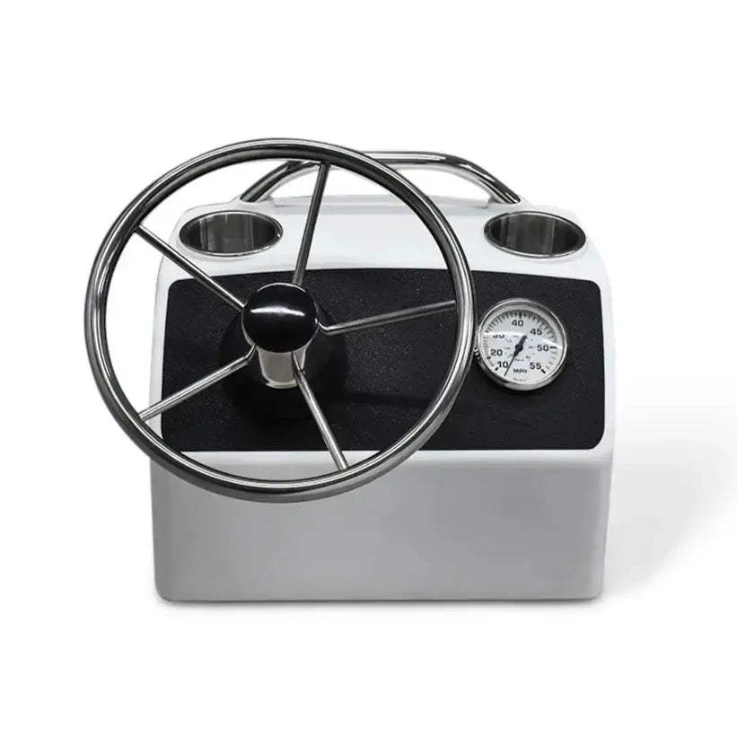White RPD 519 console for Jon boat with chrome steering wheel, two cup holders, and speedometer.