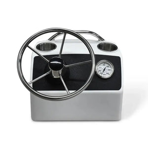 White RPD 519 console for Jon boat with chrome steering wheel, two cup holders, and speedometer.
